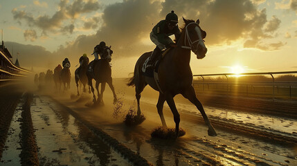 Jockeys on horses fiercely compete in a muddy race at sunset, with spectators in the backdrop - Derby Kentucky cinematic - obrazy, fototapety, plakaty