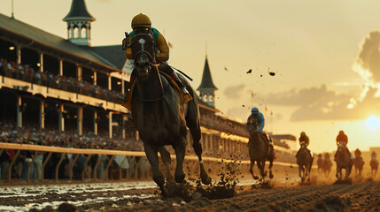 Leading jockey in yellow and green gallops at a crowded racetrack during a vibrant sunset. Amazing wallpaper for the sport