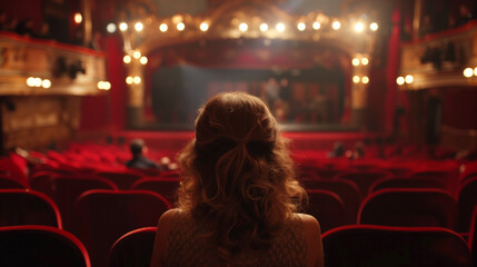 Back of a young blonde woman alone, facing away, observing the stage of a theater with lights around, and empty red seats in the auditorium with few spectators. Cultural events and performing arts. - Powered by Adobe