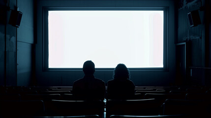 Silhouette of a couple, a guy and a girl, looking at a blank screen in a cinema with empty seats. Projection of a random movie