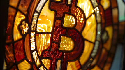 Vibrant stained glass windows with intricate designs, illuminating rich, warm tones of red, yellow and orange, featuring the logo or symbol of the crypto asset bitcoin
