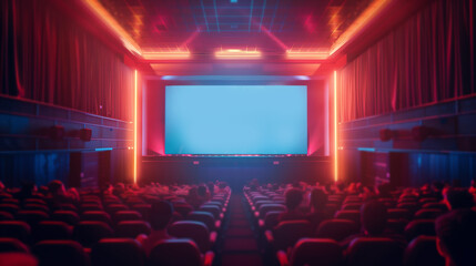 People in the cinema seats, looking at a stage with red neon lights and a large blank screen in the background - premiere of a show.