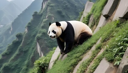 a giant panda climbing a steep mountain slope upscaled 8