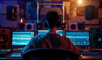 Male artist produces music in soundproof studio with computer mixing desk and audio engineer....