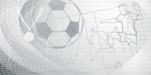 Football themed background in gray tones with abstract dotted lines, meshes and curves, with sport symbols such as a football player, stadium and ball