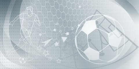Football themed background in gray tones with abstract meshes and curves, with sport symbols such as a football player, ball and stadium