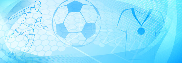Football themed background in blue tones with abstract meshes and curves, with sport symbols such as a football player and ball