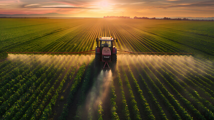 A tractor spraying a field of crops. The sky is orange and the sun is setting. The scene is peaceful and serene