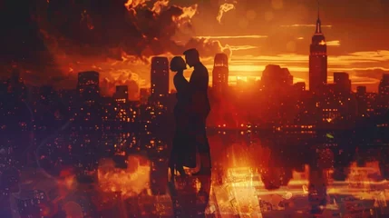 Foto op Plexiglas Shadows and silhouettes dance against the backdrop of a fiery sunset over the city as the last rays of light paint the urban landscape in shades of orange and purple. © Justlight