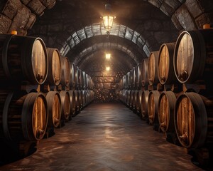 Vintage wine cellar, barrels aligned, dim light, endofrow shot, aged and rich textures , high-resolution