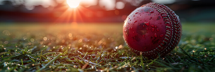 ball on the grass,
Closeup of red cricket ball in stadium