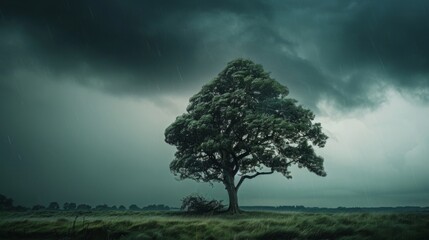 Fototapeta na wymiar A lone tree stands defiantly in the midst of a storm its branches reaching toward the sky as the winds whip around it.
