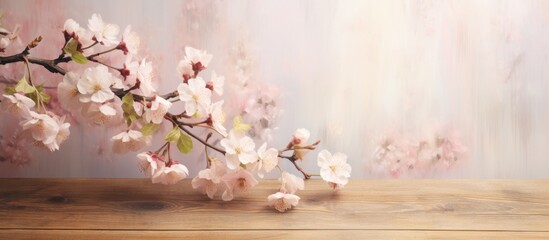 This image showcases a detailed view of a cherry tree branch filled with beautiful pink flowers...