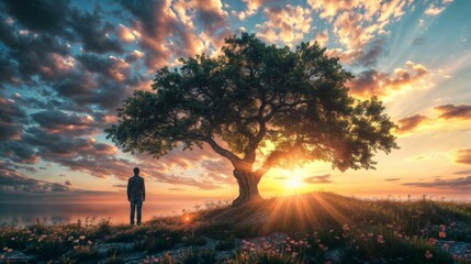 Man standing under a tree on the sea coast at sunset. - obrazy, fototapety, plakaty