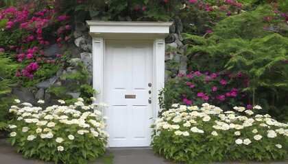 Fototapeta na wymiar A white door surrounded by blooming flowers in a botanical garden (1)