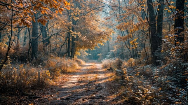 Autumn landscape with fog in the forest. Forest path in autumn.