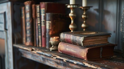 In the dimlylit vintage study a worn weathered podium holds treasured books and trinkets adding charm and character to the space. . . - obrazy, fototapety, plakaty