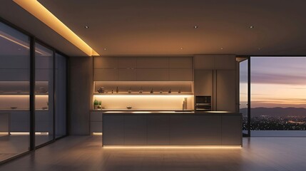 A sleek, modern kitchen gleams under the soft glow of recessed lighting, its minimalist design inviting culinary creativity.