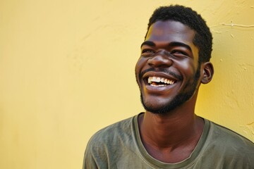Portrait of a young african american man smiling against yellow wall