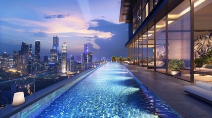 A sleek modern rooftop pool with infinity edges, sparkling azure waters, and panoramic views of the city skyline, offering a luxurious oasis of relaxation and indulgence amidst the urban jungle.