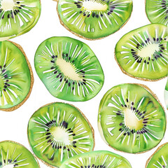 Fototapeta premium A seamless kiwi fruit slice pattern in pastel watercolor