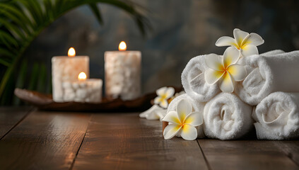 Composition of spa treatment on grey wall with burning candles. Healthy therapy space with hygiene care.