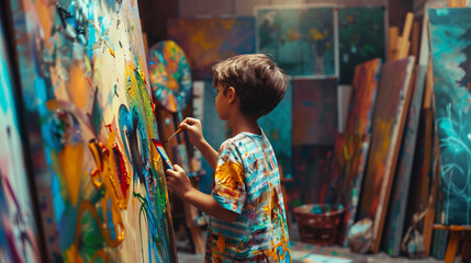  A boy in an artistic summer dress painting on a canvas in a studio filled with colorful artwork.