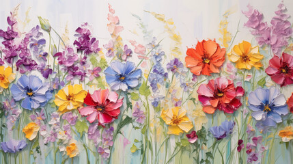 bright colorful flowers painted with oil paints. colors of rainbow. summer floral background