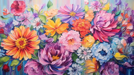 bright colorful flowers painted with oil paints. colors of rainbow. summer floral background