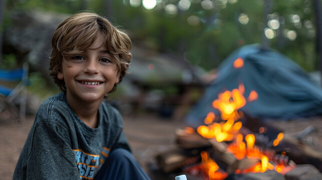  A boy is roasting marshmallows while enjoying a bonfire in a park and grinning at the camera.