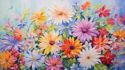 bright colorful flowers painted with oil paints. colors of rainbow. summer floral background
