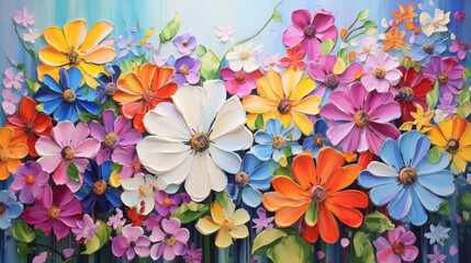 bright colorful flowers painted with oil paints. colors of rainbow. summer floral background