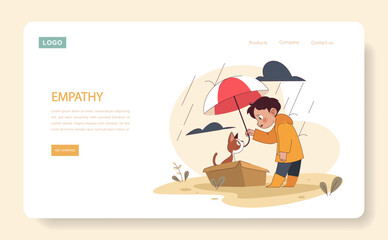Empathy web or landing. Boy shields a cat from rain, illustrating kindness