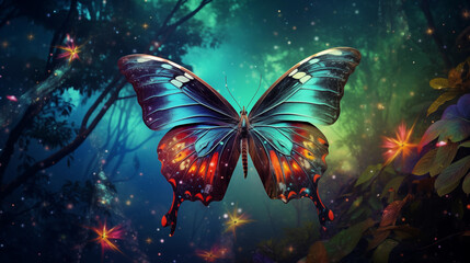 Fototapeta na wymiar bright colorful tropical butterfly in a mysterious forest against the backdrop of the cosmic starry sky