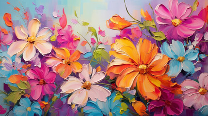 bright colorful flowers painted with oil paints. colors of rainbow. summer floral background