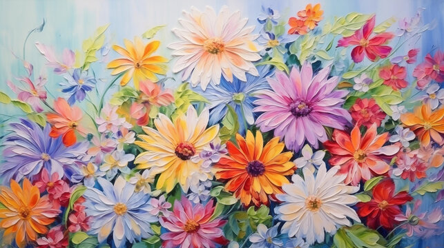 bright colorful flowers painted with oil paints. colors of rainbow. summer floral background