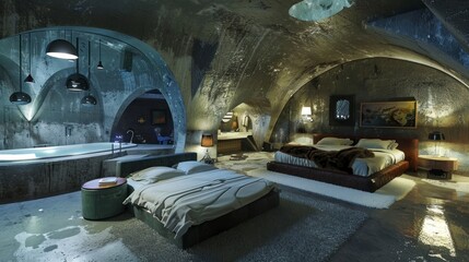 underground bunker with rooms and beds with bathroom and study room. apocalypse concept, world war, crisis, economy, escape