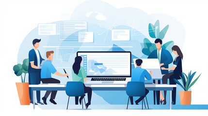 Office laptop, diversity and business people reading online report, website design feedback or research project. Collaboration, staff mentor and team designer working on company homepage development