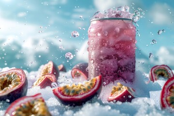 Advertising design of a passion fruit beverage product surrounded by ice and sliced fruits under a...