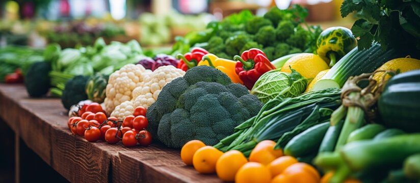 A variety of fresh and colorful vegetables are neatly arranged on the wooden table, showcasing the abundance and diversity of produce
