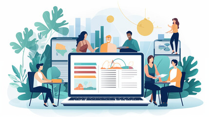 Office laptop, diversity and business people reading online report, website design feedback or research project. Collaboration, staff mentor and team designer working on company homepage development - obrazy, fototapety, plakaty