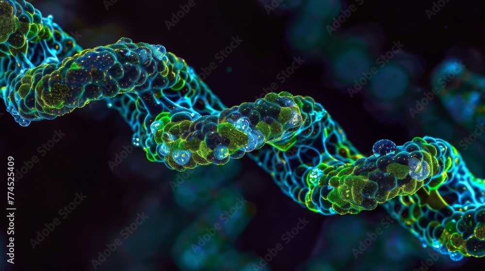 Poster a microscopic view of the intricate structure of a double helix with alternating bands of blue and g