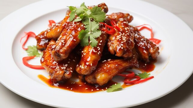 Fried chicken wings with chili sauce on white plate. Barbecue meat and grill.