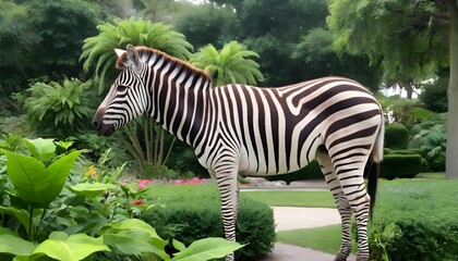 Fototapeta na wymiar A Zebra In A Botanical Garden