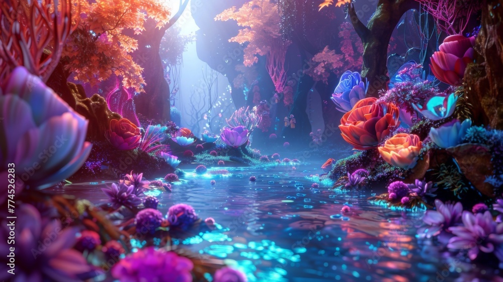 Poster a surreal fantasy world bursting with an array of eyecatching colors