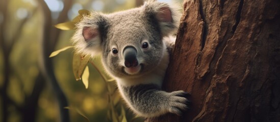 Fototapeta premium A cute koala bear peacefully rests on a branch of a tall tree in the forest