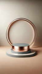 Rounded podium in rose gold and dove grey color. 3d stage for product display. an abstract platform for product presentation. podium for advertisement. tech products mockup. empty studio room