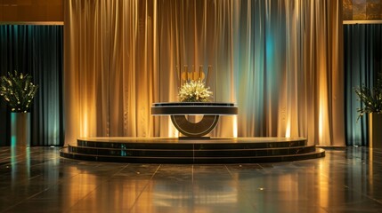 As guests enter the event their eyes are drawn to the opulent podium featuring a glimmering Hollywood sign in the background evoking . .