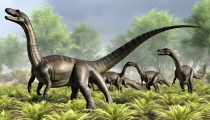 Plateosaurus A Herd Of Plateosaurus Grazes On Low