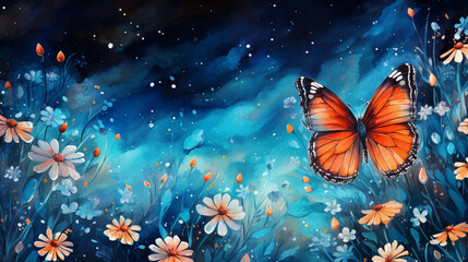 bright colorful tropical butterfly in a mysterious forest against the backdrop of the cosmic starry sky